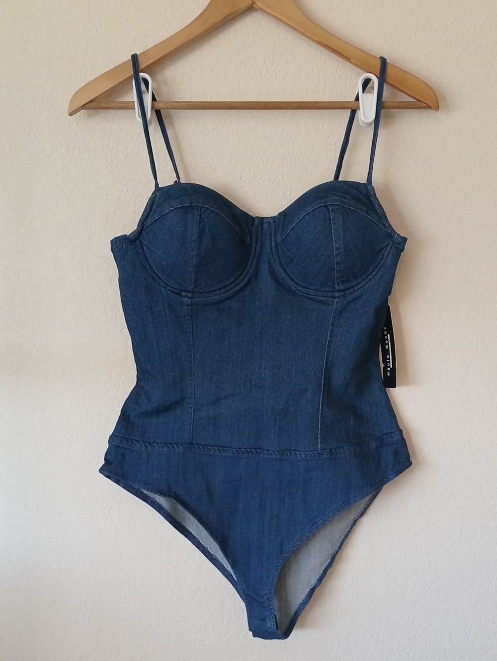 Haute Monde Denim Bodysuit Spaghetti Straps New